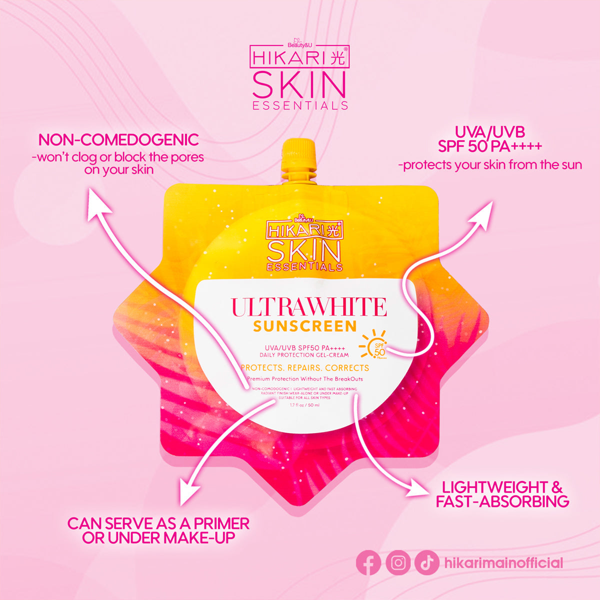Beauty&U Hikari Skin Essentials Ultrawhite Sunscreen SPF50 PA++++ 50ml