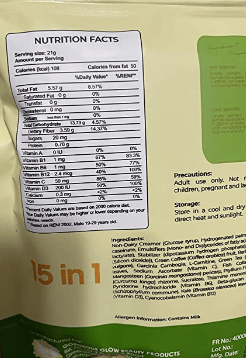 Glow Lean 15 in 1 Green Coffee Mix Powder (7 sachets x 21g) - True Beauty Skin Essentials