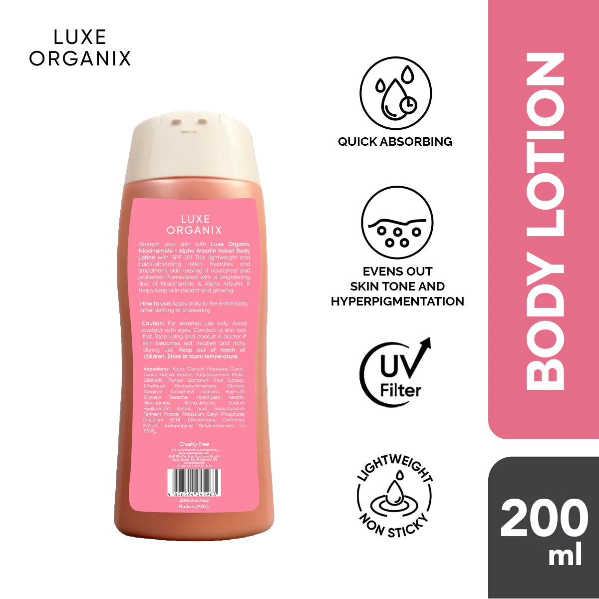 Luxe Organix Niacinamide + Alpha Arbutin Velvet Body Lotion SPF10 - True Beauty Skin Essentials